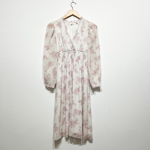 Wilfred Aritzia Faraway Puff Sleeve Smocked Chiffon Midi Tea Dress Cloudy Lilac - Picture 4 of 4